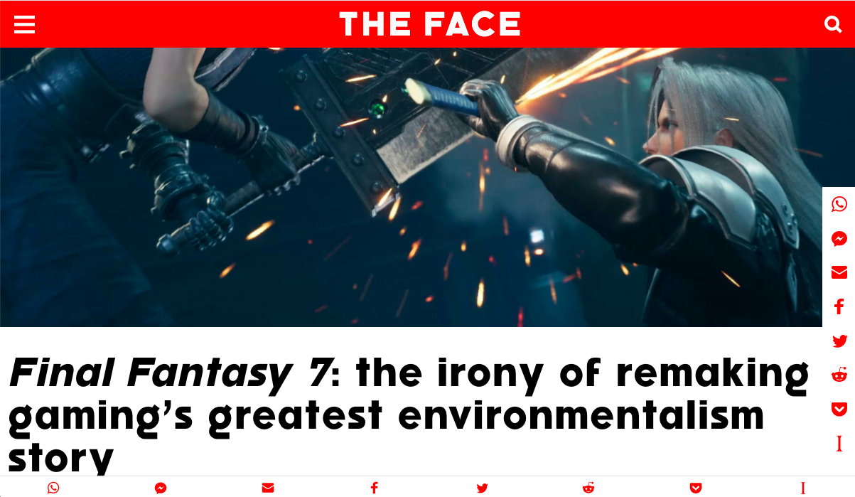 A screenshot of the article "Final Fantasy 7: the irony of remaking gaming's greatest environmentalism story" by Edwin Evans-Thirlwell in The Face.