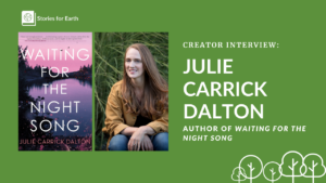 A photo of author Julie Carrick Dalton beside her novel Waiting for the Night Song.