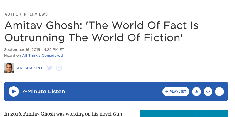 A screenshot of an article in which Ari Shapiro interviews Amitav Ghosh.