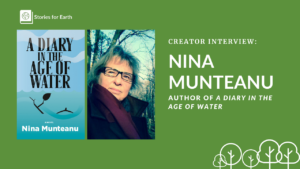 An image of Nina Munteanu next to her novel, A Diary in the Age of Water.