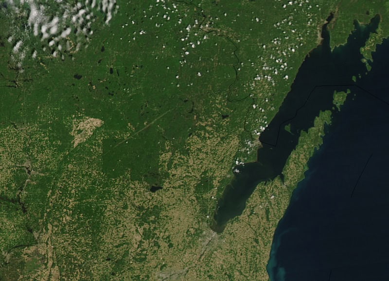 Over the past 160 years, Menominee Tribal Enterprises has been sustainably logging the Menominee forest, resulting in more trees in the forest than it had before their logging operations began. In this satellite image, the forest is visible as a verdant rectangle left of center.